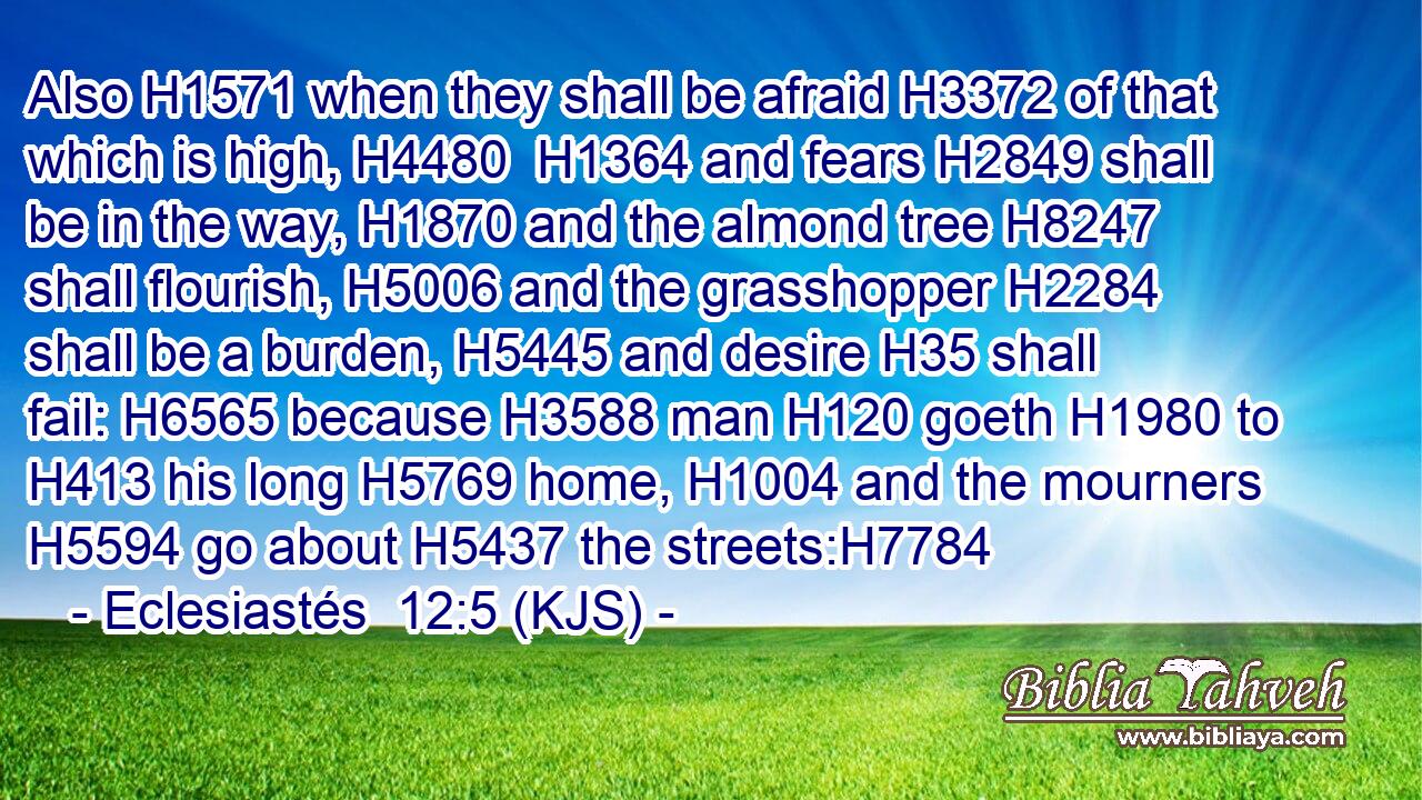 Also H1571 when they shall be afraid H3372 of that which is high, H4480  H1364 and fears H2849 shall be in the way, H1870 and the almond tree H8247 shall flourish, H5006 and the grasshopper H2284 shall be a burden, H5445 and desire H35 shall fail: H6565 because H3588 man H120 goeth H1980 to H413 his long H5769 home, H1004 and the mourners H5594 go about H5437 the streets:H7784