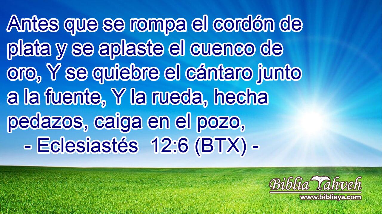 Antes que se rompa el cordón de plata y se aplaste el cuenco de oro, Y se quiebre el cántaro junto a la fuente, Y la rueda, hecha pedazos, caiga en el pozo,