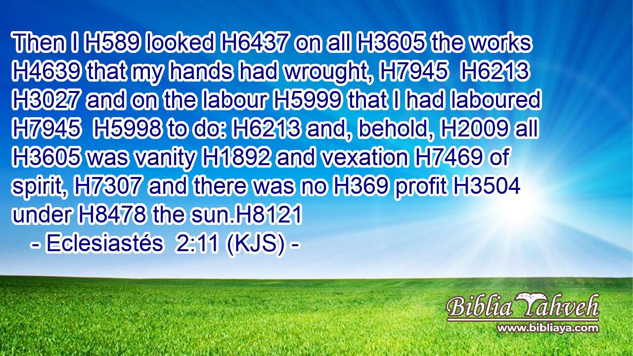 Then I H589 looked H6437 on all H3605 the works H4639 that my hands had wrought, H7945  H6213  H3027 and on the labour H5999 that I had laboured H7945  H5998 to do: H6213 and, behold, H2009 all H3605 was vanity H1892 and vexation H7469 of spirit, H7307 and there was no H369 profit H3504 under H8478 the sun.H8121