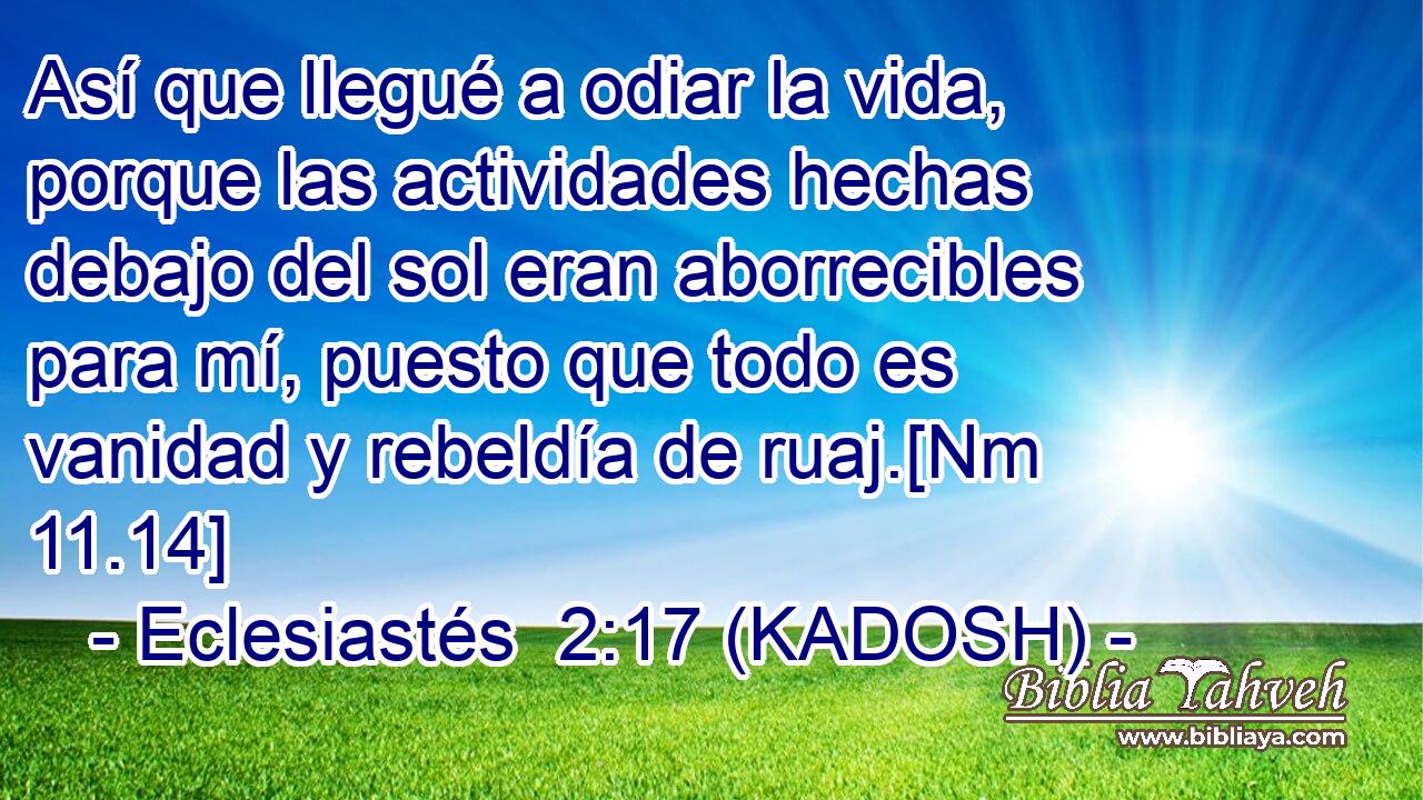  Así que llegué a odiar la vida, porque las actividades hechas debajo del sol eran aborrecibles para mí, puesto que todo es vanidad y rebeldía de ruaj.[Nm 11.14] 