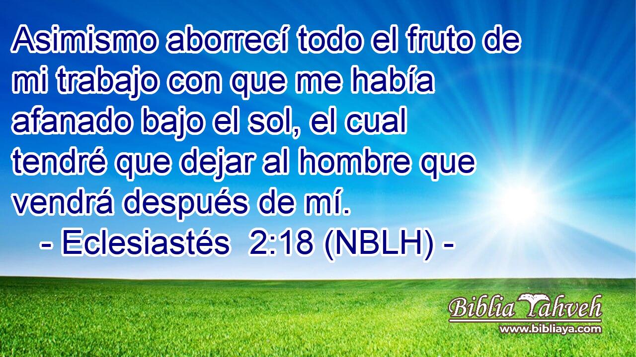  Asimismo aborrecí todo el fruto de mi trabajo con que me había afanado bajo el sol, el cual tendré que dejar al hombre que vendrá después de mí. 