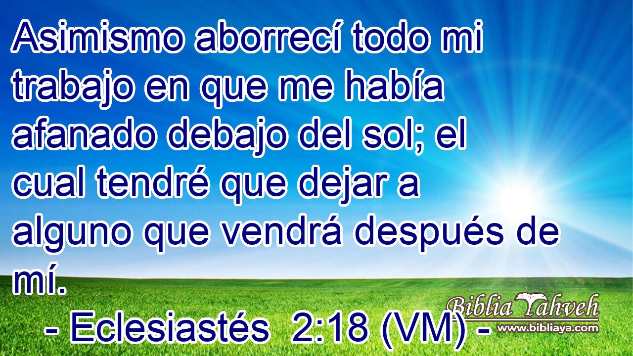  Asimismo aborrecí todo mi trabajo en que me había afanado debajo del sol; el cual tendré que dejar a alguno que vendrá después de mí. 