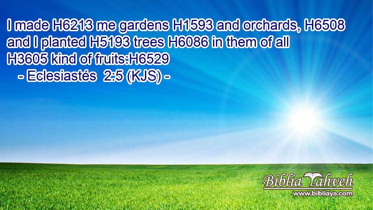 I made H6213 me gardens H1593 and orchards, H6508 and I planted H5193 trees H6086 in them of all H3605 kind of fruits:H6529