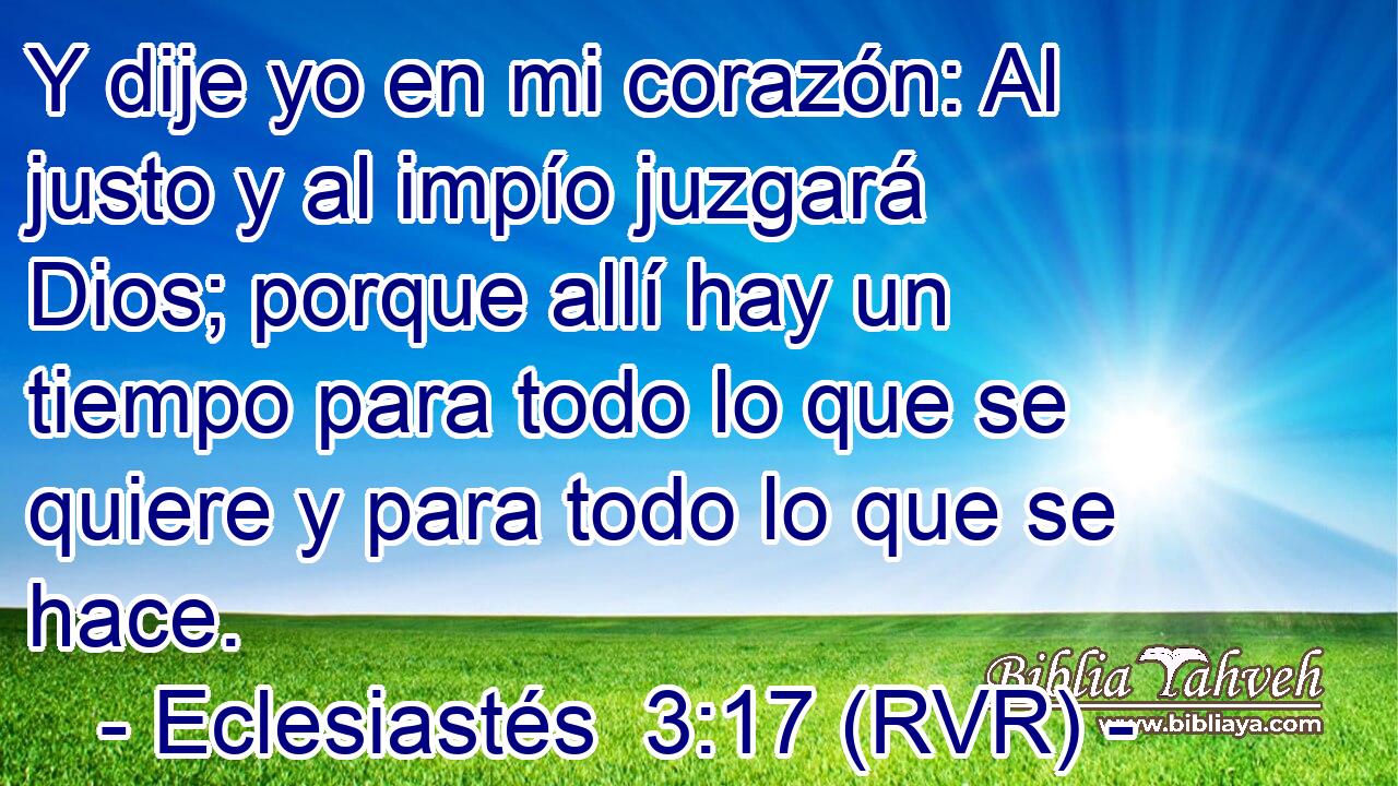 Y dije yo en mi corazón: Al justo y al impío juzgará Dios; porque allí hay un tiempo para todo lo que se quiere y para todo lo que se hace.