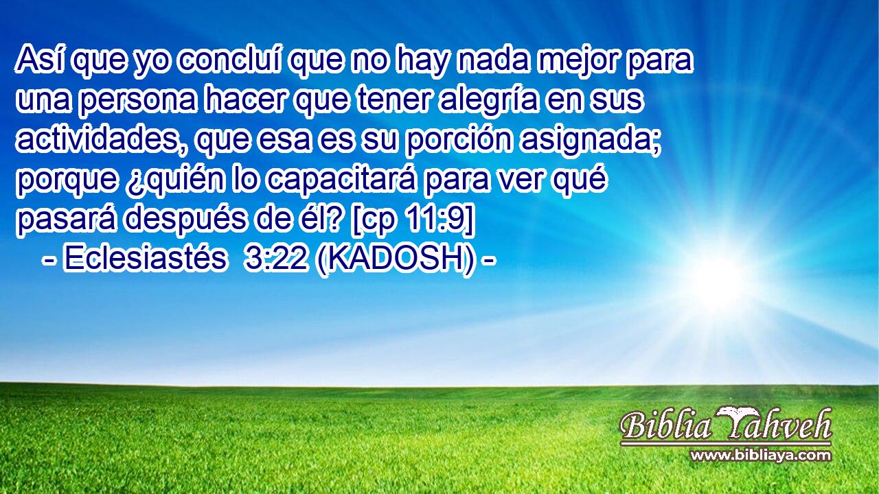  Así que yo concluí que no hay nada mejor para una persona hacer que tener alegría en sus actividades, que esa es su porción asignada; porque ¿quién lo capacitará para ver qué pasará después de él? [cp 11:9] 