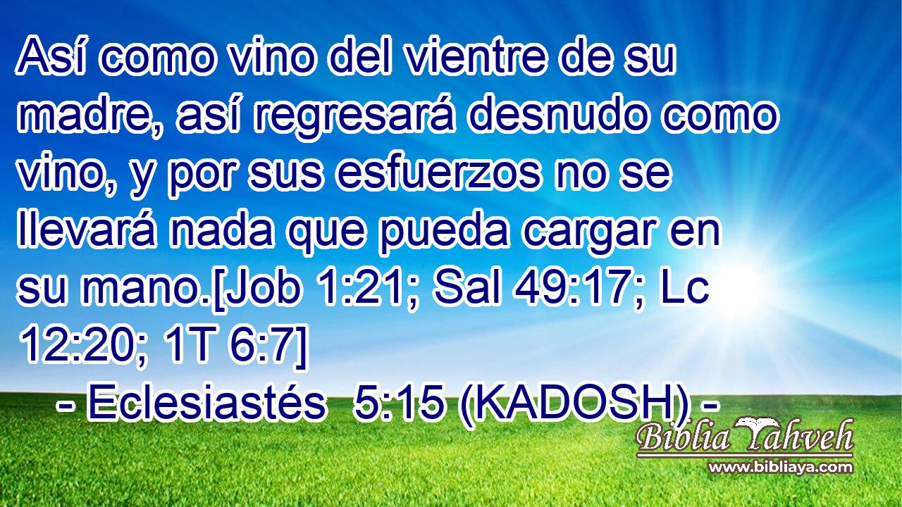  Así como vino del vientre de su madre, así regresará desnudo como vino, y por sus esfuerzos no se llevará nada que pueda cargar en su mano.[Job 1:21; Sal 49:17; Lc 12:20; 1T 6:7] 
