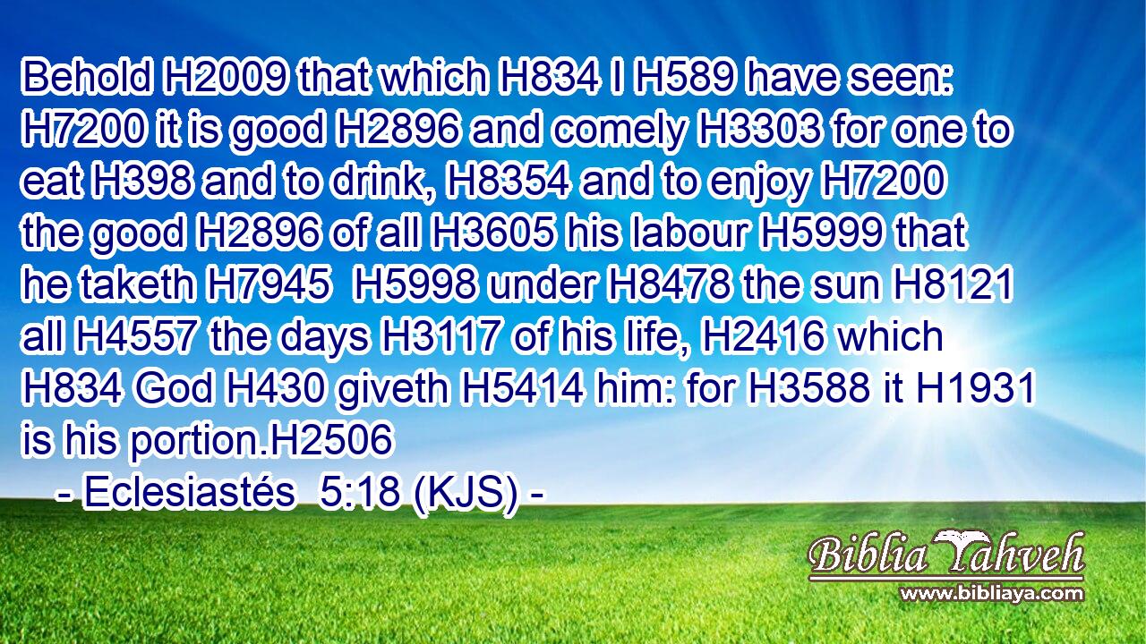Behold H2009 that which H834 I H589 have seen: H7200 it is good H2896 and comely H3303 for one to eat H398 and to drink, H8354 and to enjoy H7200 the good H2896 of all H3605 his labour H5999 that he taketh H7945  H5998 under H8478 the sun H8121 all H4557 the days H3117 of his life, H2416 which H834 God H430 giveth H5414 him: for H3588 it H1931 is his portion.H2506