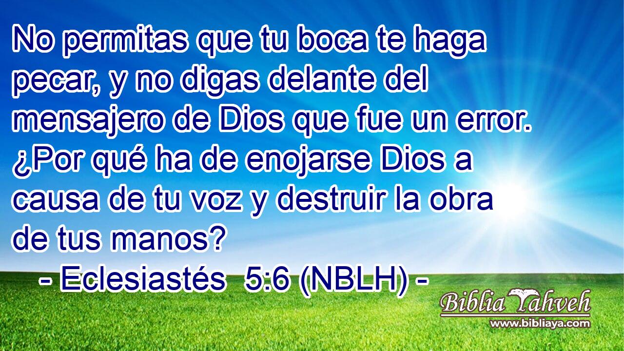  No permitas que tu boca te haga pecar, y no digas delante del mensajero de Dios que fue un error. ¿Por qué ha de enojarse Dios a causa de tu voz y destruir la obra de tus manos? 