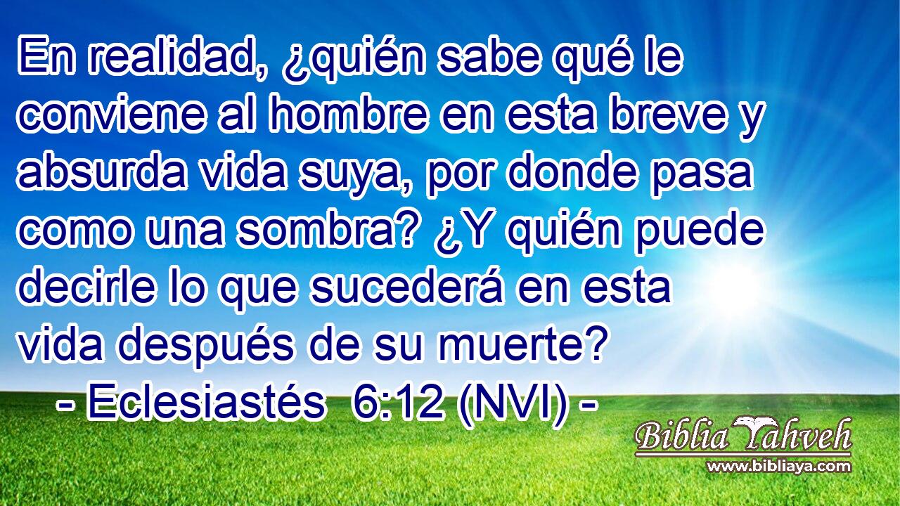  En realidad, ¿quién sabe qué le conviene al hombre en esta breve y absurda vida suya, por donde pasa como una sombra? ¿Y quién puede decirle lo que sucederá en esta vida después de su muerte? 