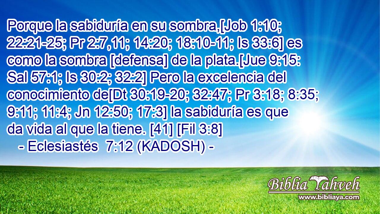  Porque la sabiduría en su sombra,[Job 1:10; 22:21-25; Pr 2:7,11; 14:20; 18:10-11; Is 33:6] es como la sombra [defensa] de la plata.[Jue 9:15: Sal 57:1; Is 30:2; 32:2] Pero la excelencia del conocimiento de[Dt 30:19-20; 32:47; Pr 3:18; 8:35; 9:11; 11:4; Jn 12:50; 17:3] la sabiduría es que da vida al que la tiene. [41] [Fil 3:8] 