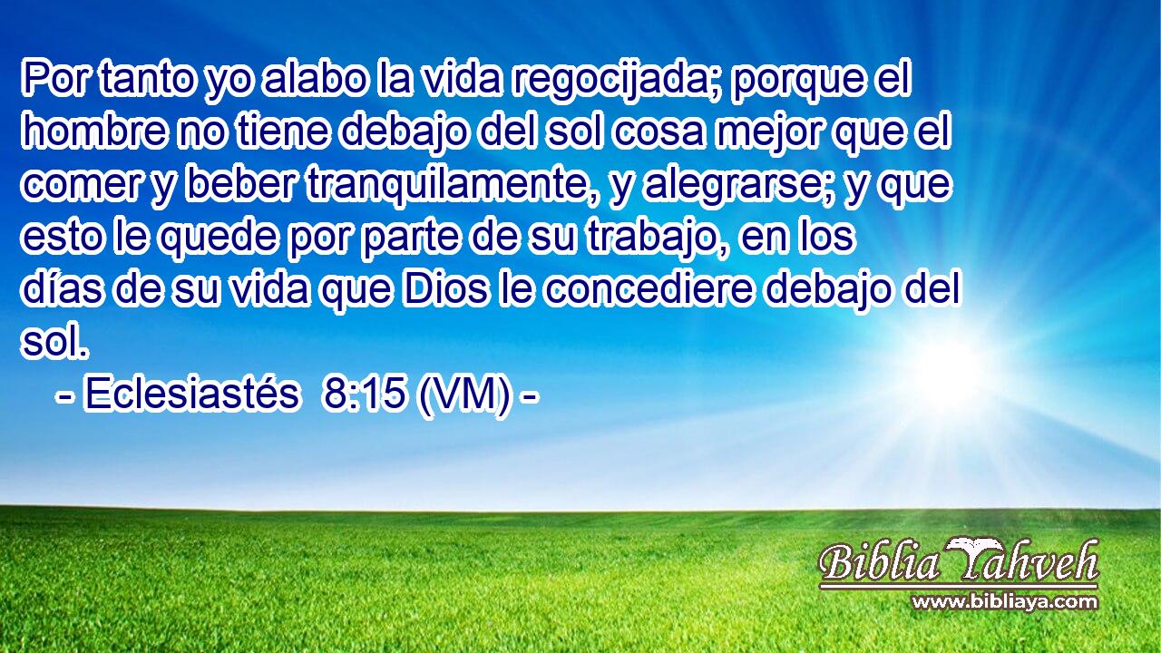  Por tanto yo alabo la vida regocijada; porque el hombre no tiene debajo del sol cosa mejor que el comer y beber tranquilamente, y alegrarse; y que esto le quede por parte de su trabajo, en los días de su vida que Dios le concediere debajo del sol. 