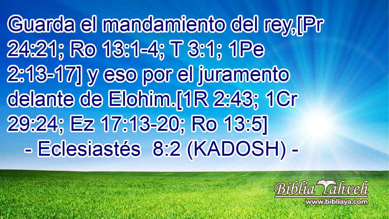  Guarda el mandamiento del rey,[Pr 24:21; Ro 13:1-4; T 3:1; 1Pe 2:13-17] y eso por el juramento delante de Elohim.[1R 2:43; 1Cr 29:24; Ez 17:13-20; Ro 13:5] 