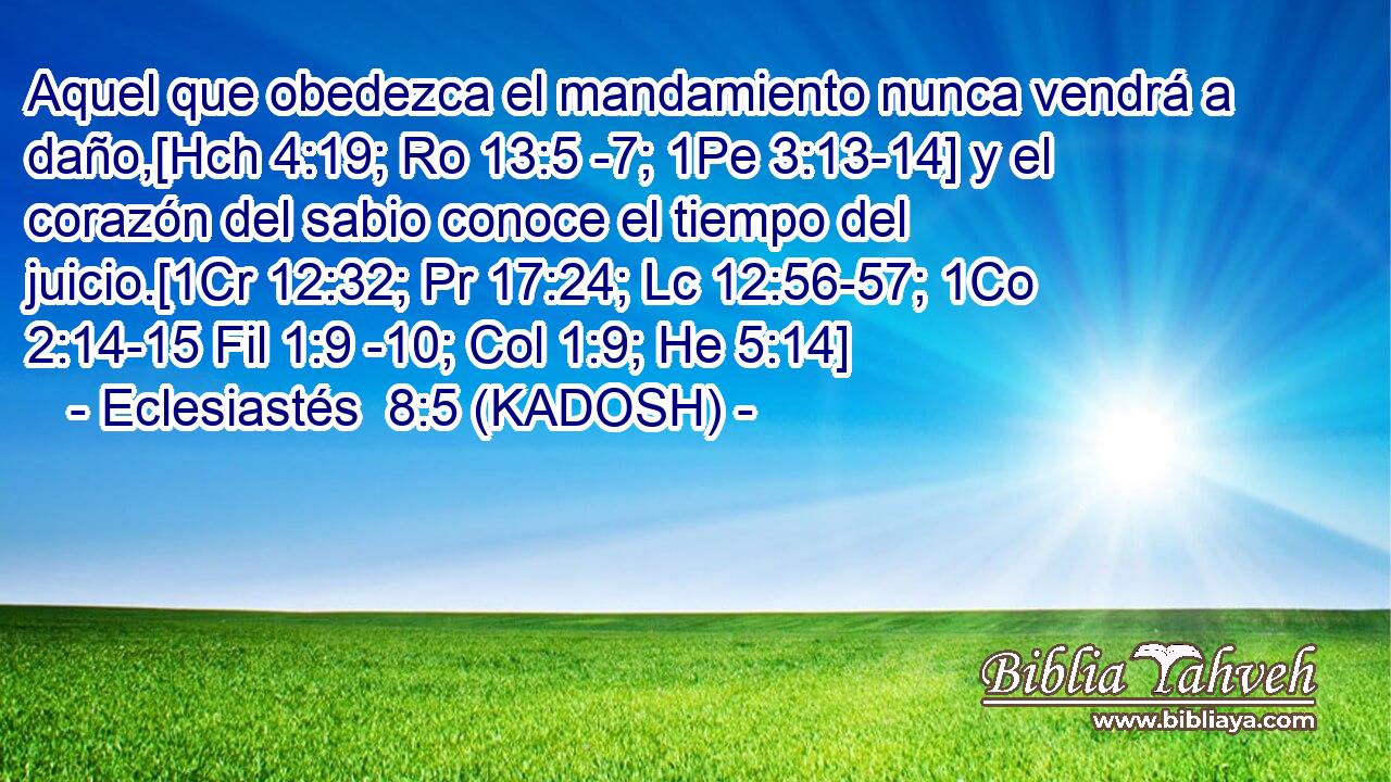  Aquel que obedezca el mandamiento nunca vendrá a daño,[Hch 4:19; Ro 13:5 -7; 1Pe 3:13-14] y el corazón del sabio conoce el tiempo del juicio.[1Cr 12:32; Pr 17:24; Lc 12:56-57; 1Co 2:14-15 Fil 1:9 -10; Col 1:9; He 5:14] 