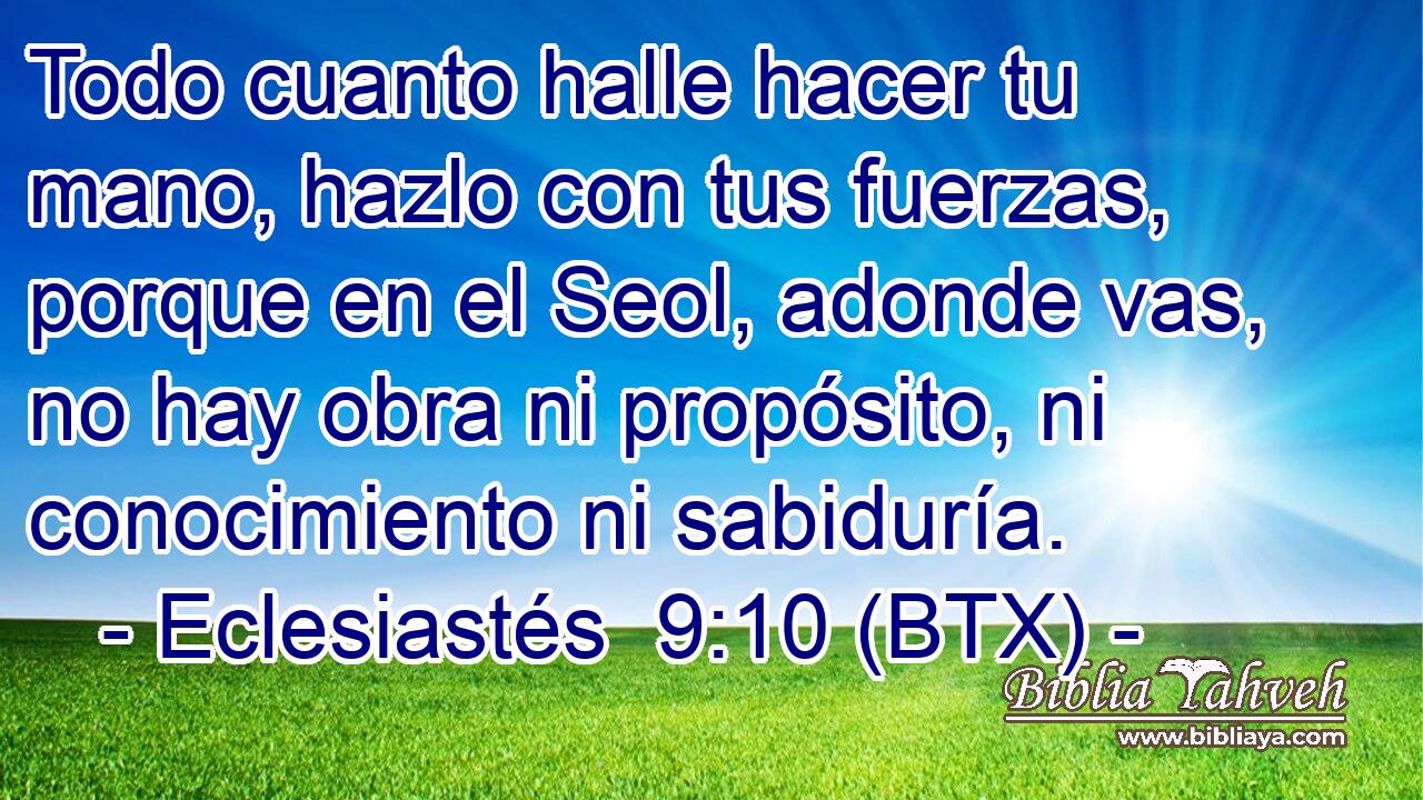 Todo cuanto halle hacer tu mano, hazlo con tus fuerzas, porque en el Seol, adonde vas, no hay obra ni propósito, ni conocimiento ni sabiduría.