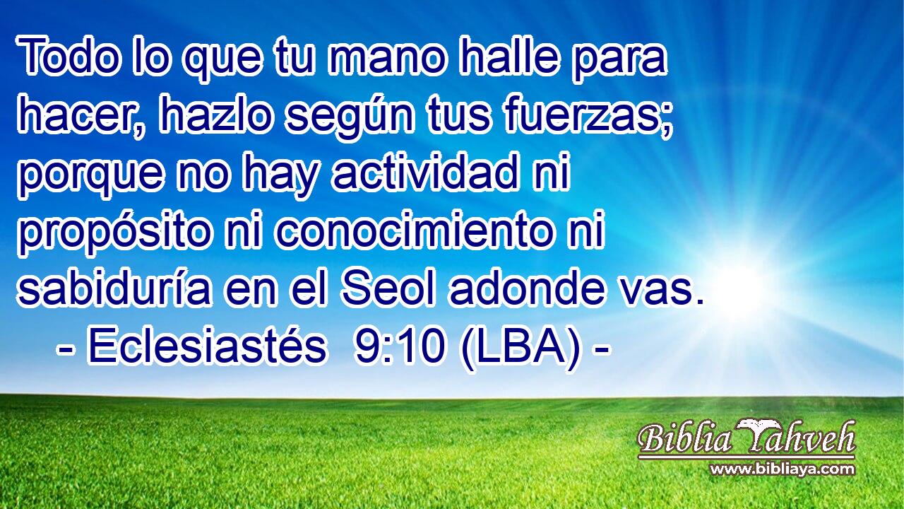 Todo lo que tu mano halle para hacer, hazlo según tus fuerzas; porque no hay actividad ni propósito ni conocimiento ni sabiduría en el Seol adonde vas.
