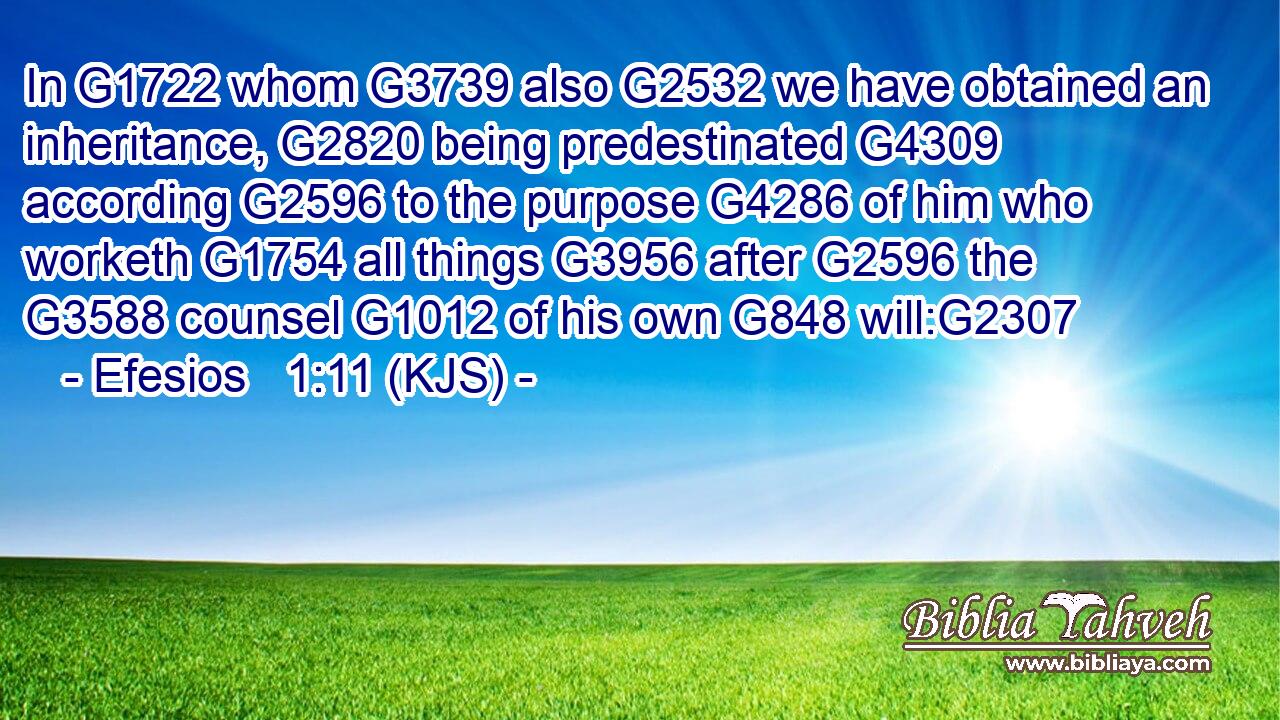 In G1722 whom G3739 also G2532 we have obtained an inheritance, G2820 being predestinated G4309 according G2596 to the purpose G4286 of him who worketh G1754 all things G3956 after G2596 the G3588 counsel G1012 of his own G848 will:G2307