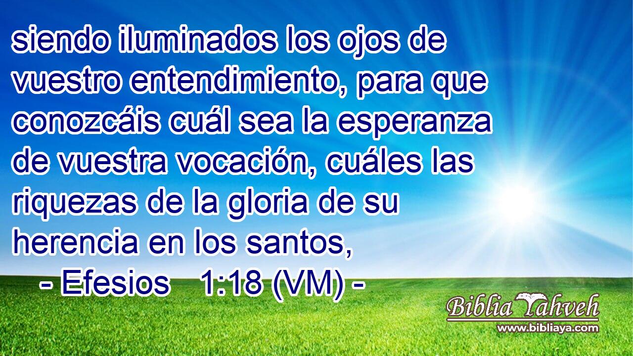  siendo iluminados los ojos de vuestro entendimiento, para que conozcáis cuál sea la esperanza de vuestra vocación, cuáles las riquezas de la gloria de su herencia en los santos, 