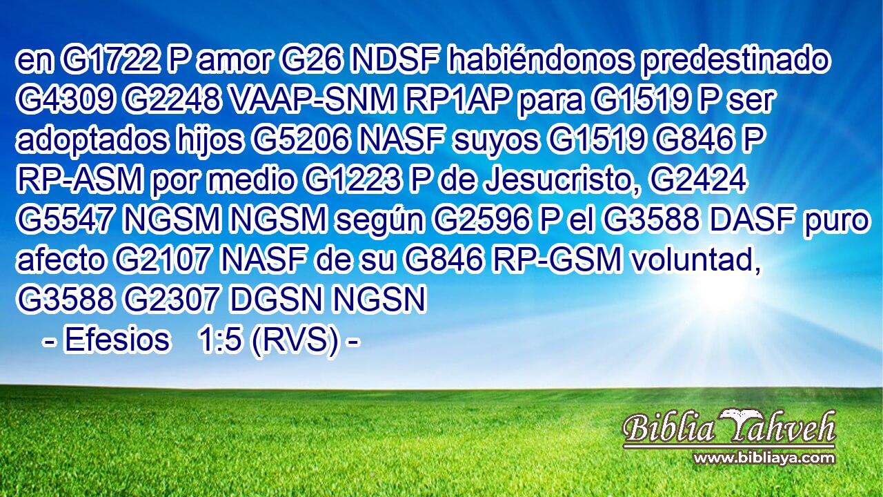 en G1722 P amor G26 NDSF habiéndonos predestinado G4309 G2248 VAAP-SNM RP1AP para G1519 P ser adoptados hijos G5206 NASF suyos G1519 G846 P RP-ASM por medio G1223 P de Jesucristo, G2424 G5547 NGSM NGSM según G2596 P el G3588 DASF puro afecto G2107 NASF de su G846 RP-GSM voluntad, G3588 G2307 DGSN NGSN 