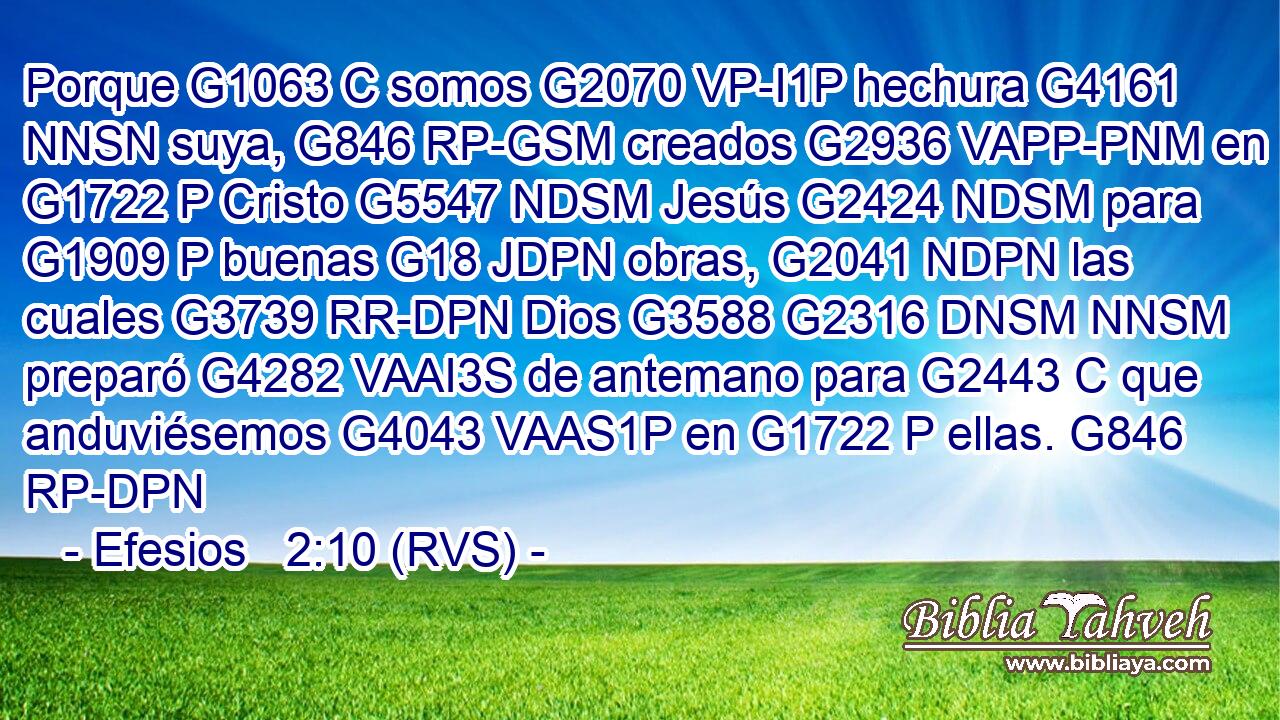 Porque G1063 C somos G2070 VP-I1P hechura G4161 NNSN suya, G846 RP-GSM creados G2936 VAPP-PNM en G1722 P Cristo G5547 NDSM Jesús G2424 NDSM para G1909 P buenas G18 JDPN obras, G2041 NDPN las cuales G3739 RR-DPN Dios G3588 G2316 DNSM NNSM preparó G4282 VAAI3S de antemano para G2443 C que anduviésemos G4043 VAAS1P en G1722 P ellas. G846 RP-DPN 