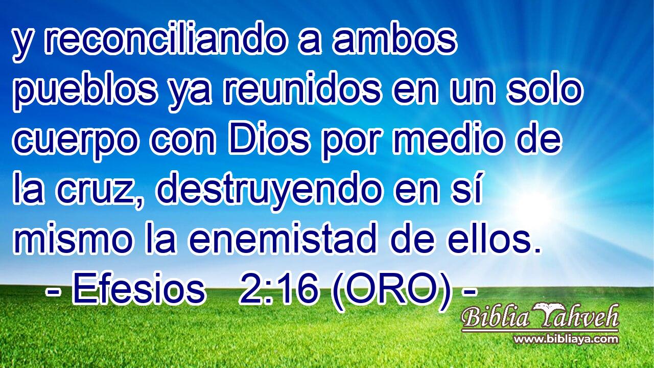  y reconciliando a ambos pueblos ya reunidos en un solo cuerpo con Dios por medio de la cruz, destruyendo en sí mismo la enemistad de ellos. 