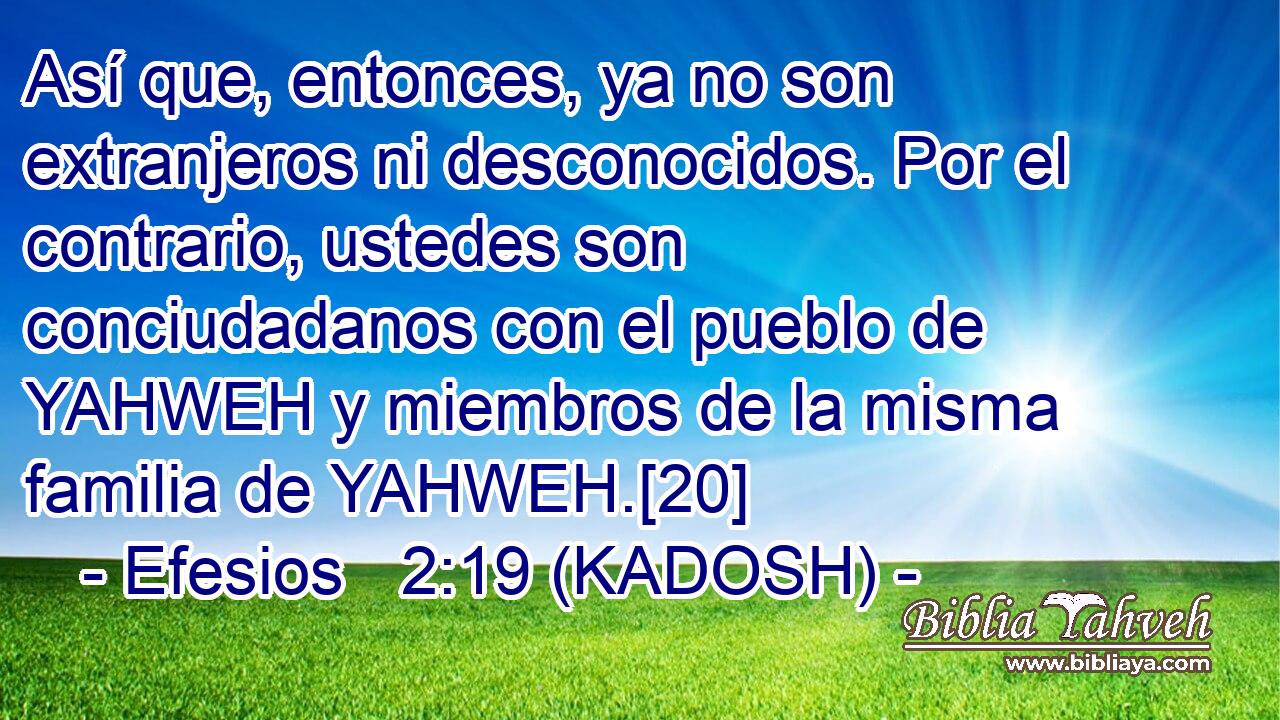  Así que, entonces, ya no son extranjeros ni desconocidos. Por el contrario, ustedes son conciudadanos con el pueblo de YAHWEH y miembros de la misma familia de YAHWEH.[20] 