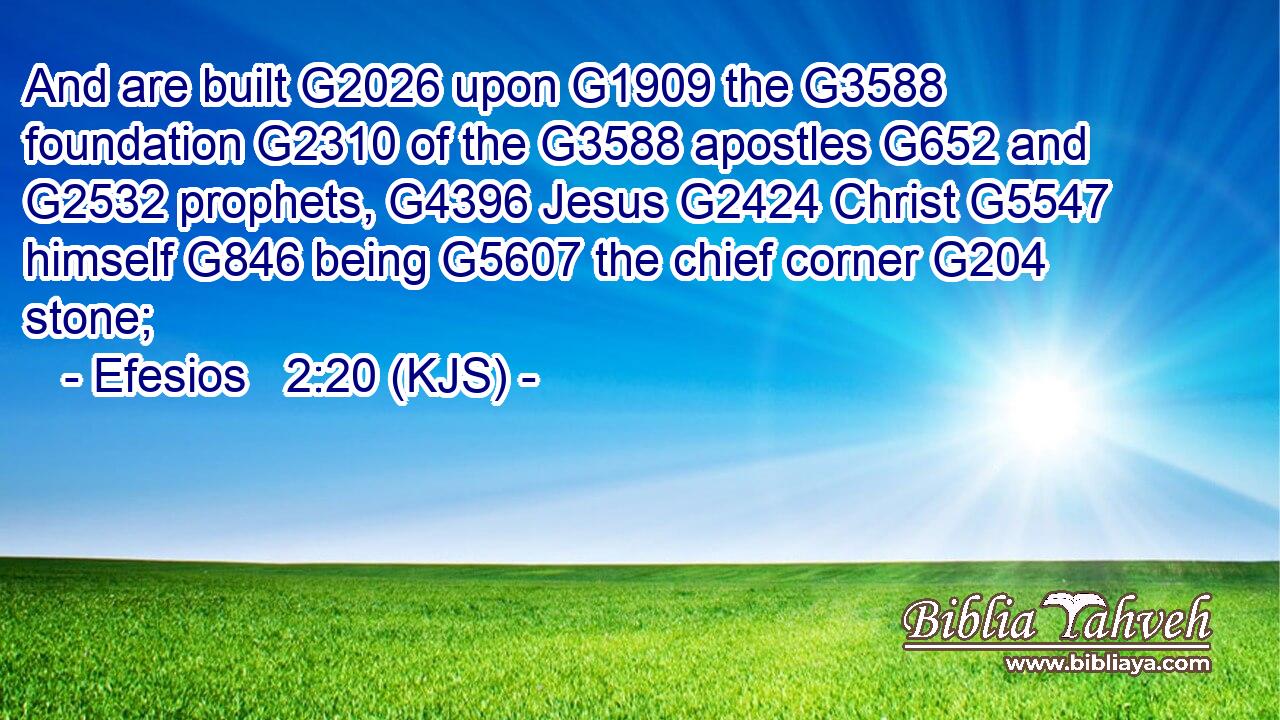 And are built G2026 upon G1909 the G3588 foundation G2310 of the G3588 apostles G652 and G2532 prophets, G4396 Jesus G2424 Christ G5547 himself G846 being G5607 the chief corner G204 stone;