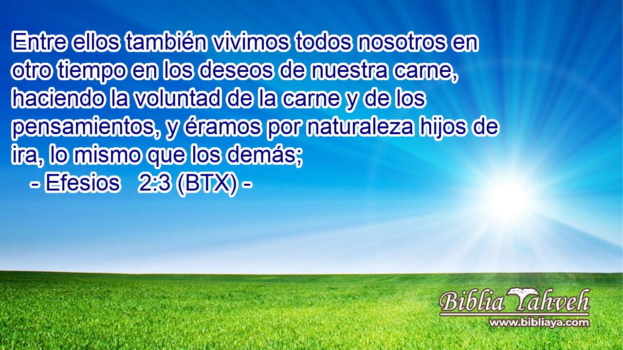 Entre ellos también vivimos todos nosotros en otro tiempo en los deseos de nuestra carne, haciendo la voluntad de la carne y de los pensamientos, y éramos por naturaleza hijos de ira, lo mismo que los demás;