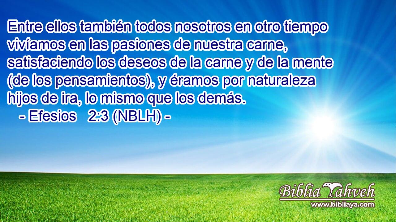  Entre ellos también todos nosotros en otro tiempo vivíamos en las pasiones de nuestra carne, satisfaciendo los deseos de la carne y de la mente (de los pensamientos), y éramos por naturaleza hijos de ira, lo mismo que los demás. 