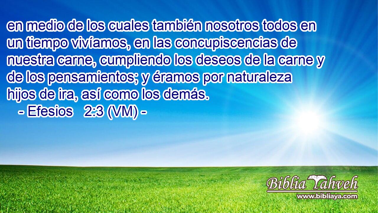  en medio de los cuales también nosotros todos en un tiempo vivíamos, en las concupiscencias de nuestra carne, cumpliendo los deseos de la carne y de los pensamientos; y éramos por naturaleza hijos de ira, así como los demás. 