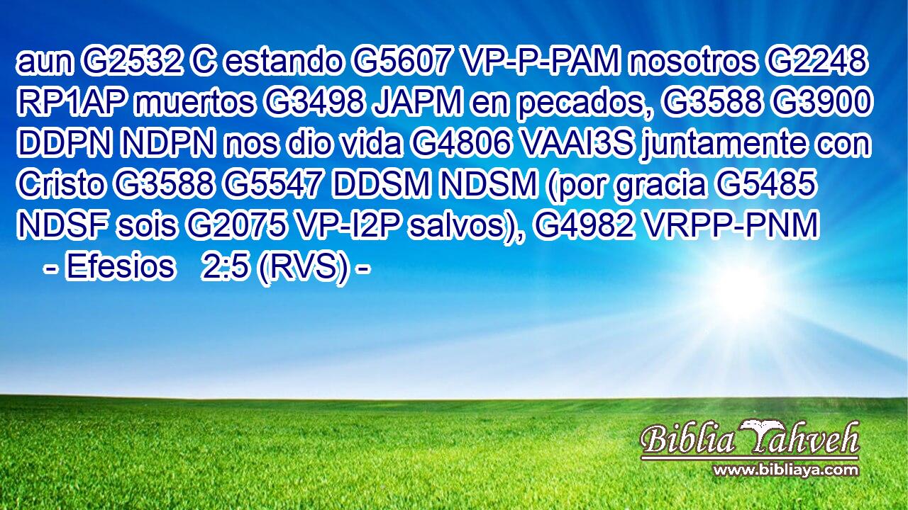 aun G2532 C estando G5607 VP-P-PAM nosotros G2248 RP1AP muertos G3498 JAPM en pecados, G3588 G3900 DDPN NDPN nos dio vida G4806 VAAI3S juntamente con Cristo G3588 G5547 DDSM NDSM (por gracia G5485 NDSF sois G2075 VP-I2P salvos), G4982 VRPP-PNM 