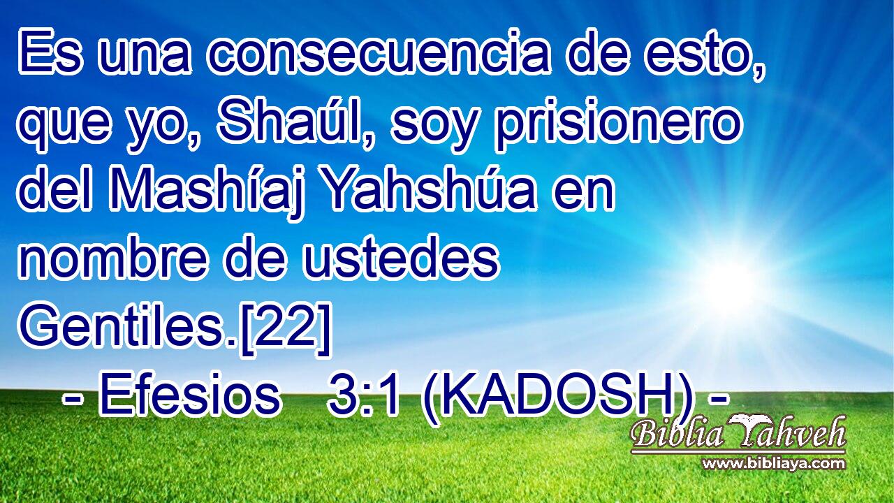 Es una consecuencia de esto, que yo, Shaúl, soy prisionero del Mashíaj Yahshúa en nombre de ustedes Gentiles.[22] 