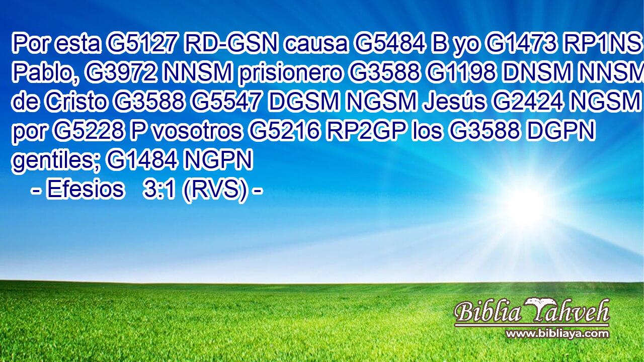 Por esta G5127 RD-GSN causa G5484 B yo G1473 RP1NS Pablo, G3972 NNSM prisionero G3588 G1198 DNSM NNSM de Cristo G3588 G5547 DGSM NGSM Jesús G2424 NGSM por G5228 P vosotros G5216 RP2GP los G3588 DGPN gentiles; G1484 NGPN 