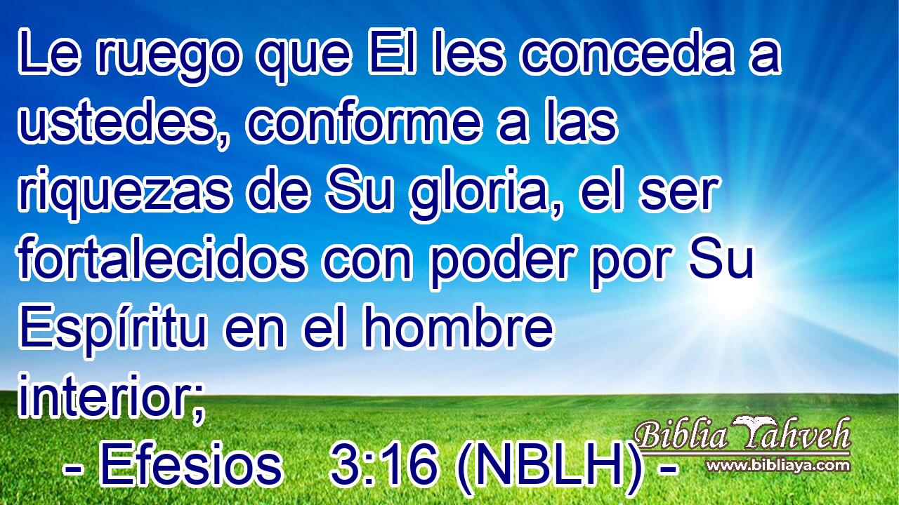  Le ruego que El les conceda a ustedes, conforme a las riquezas de Su gloria, el ser fortalecidos con poder por Su Espíritu en el hombre interior; 