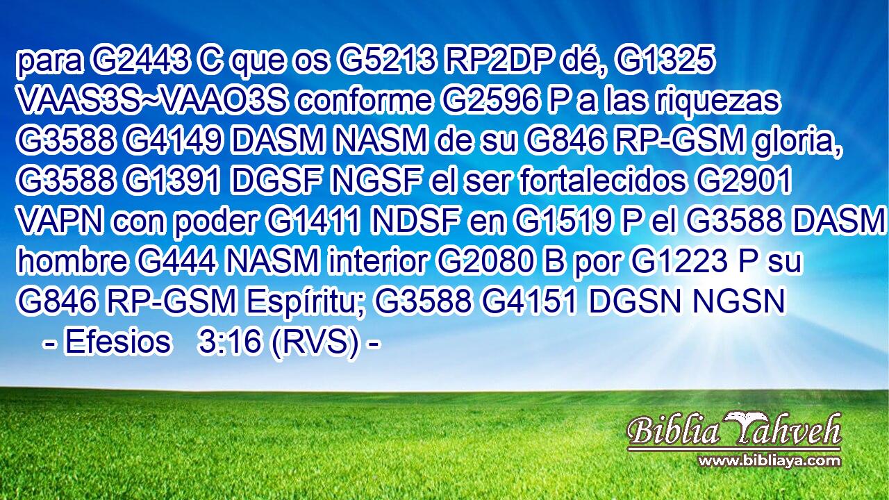 para G2443 C que os G5213 RP2DP dé, G1325 VAAS3S~VAAO3S conforme G2596 P a las riquezas G3588 G4149 DASM NASM de su G846 RP-GSM gloria, G3588 G1391 DGSF NGSF el ser fortalecidos G2901 VAPN con poder G1411 NDSF en G1519 P el G3588 DASM hombre G444 NASM interior G2080 B por G1223 P su G846 RP-GSM Espíritu; G3588 G4151 DGSN NGSN 