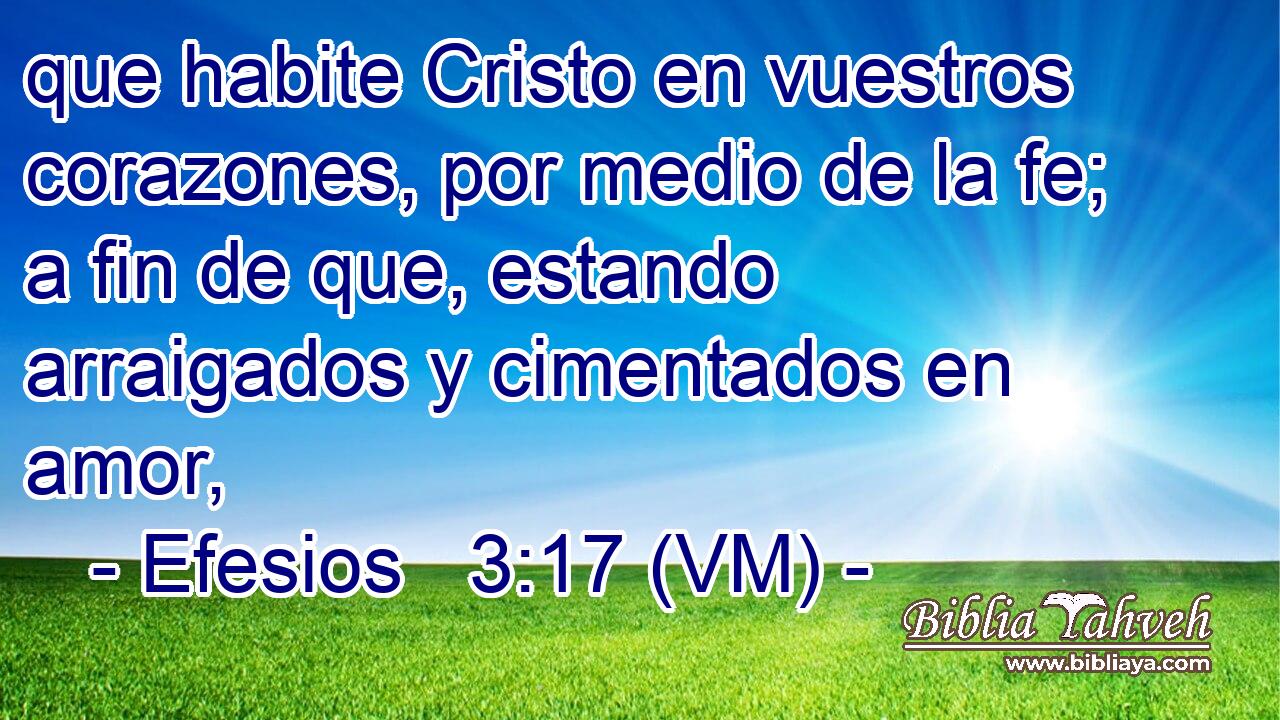  que habite Cristo en vuestros corazones, por medio de la fe; a fin de que, estando arraigados y cimentados en amor, 