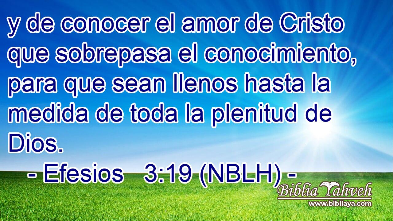  y de conocer el amor de Cristo que sobrepasa el conocimiento, para que sean llenos hasta la medida de toda la plenitud de Dios. 