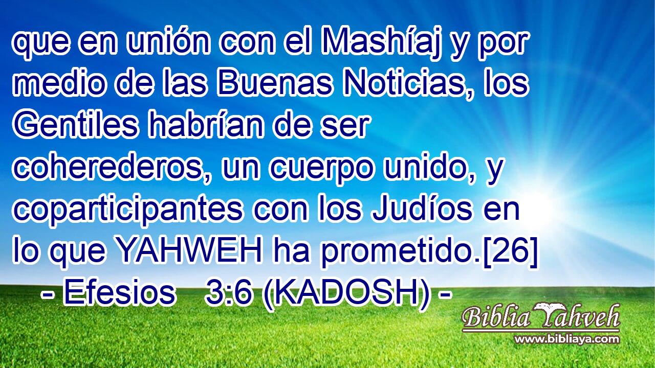  que en unión con el Mashíaj y por medio de las Buenas Noticias, los Gentiles habrían de ser coherederos, un cuerpo unido, y coparticipantes con los Judíos en lo que YAHWEH ha prometido.[26] 
