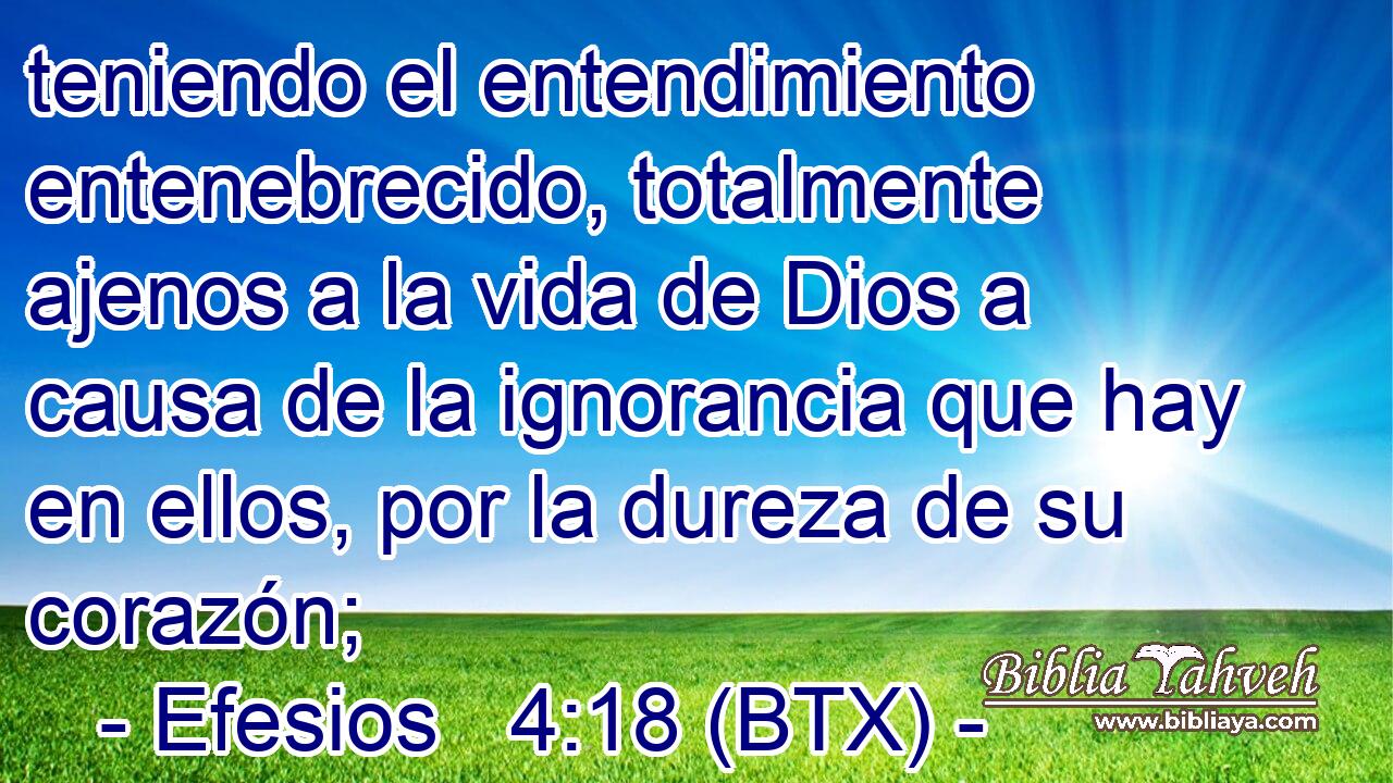 teniendo el entendimiento entenebrecido, totalmente ajenos a la vida de Dios a causa de la ignorancia que hay en ellos, por la dureza de su corazón;
