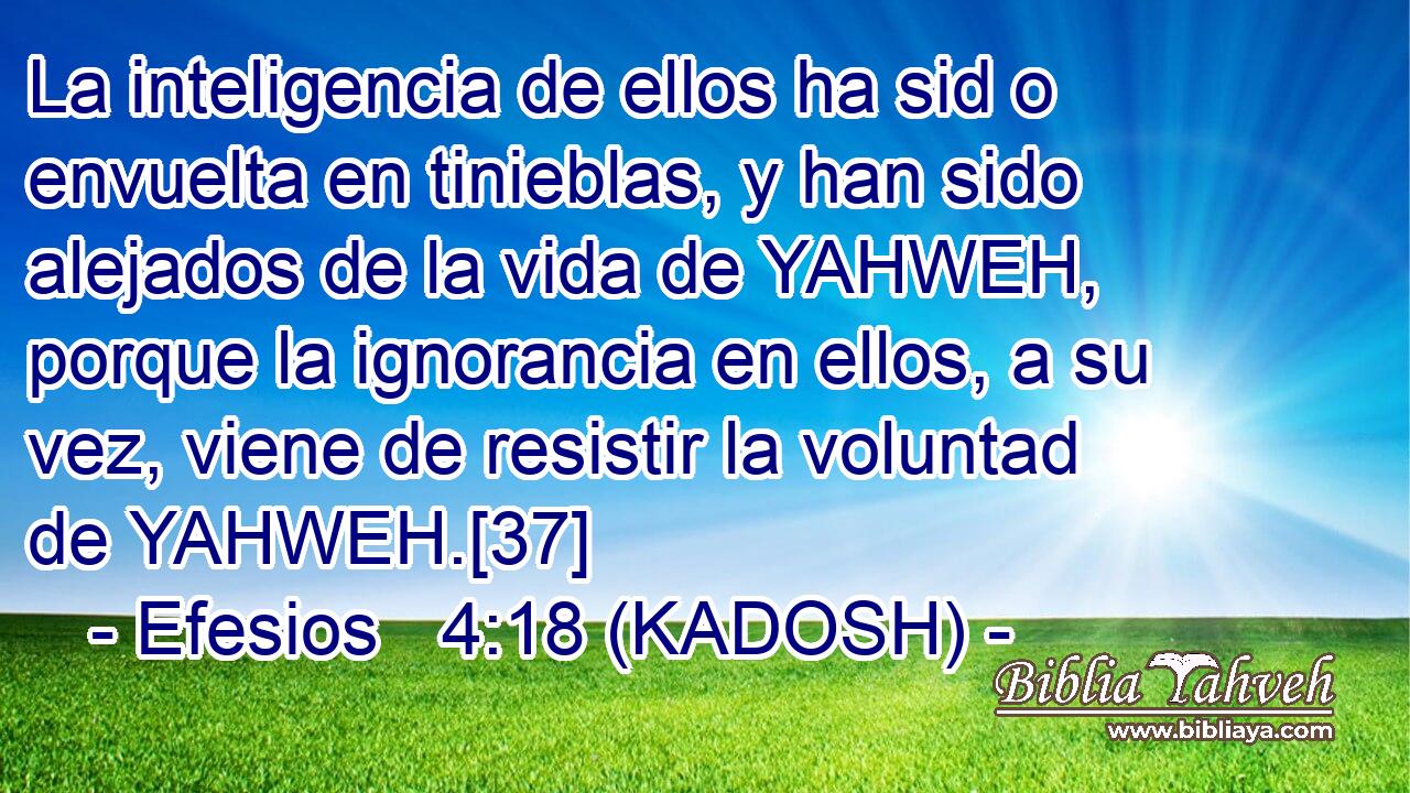  La inteligencia de ellos ha sid o envuelta en tinieblas, y han sido alejados de la vida de YAHWEH, porque la ignorancia en ellos, a su vez, viene de resistir la voluntad de YAHWEH.[37] 