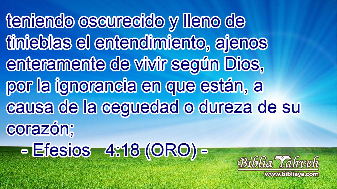  teniendo oscurecido y lleno de tinieblas el entendimiento, ajenos enteramente de vivir según Dios, por la ignorancia en que están, a causa de la ceguedad o dureza de su corazón; 