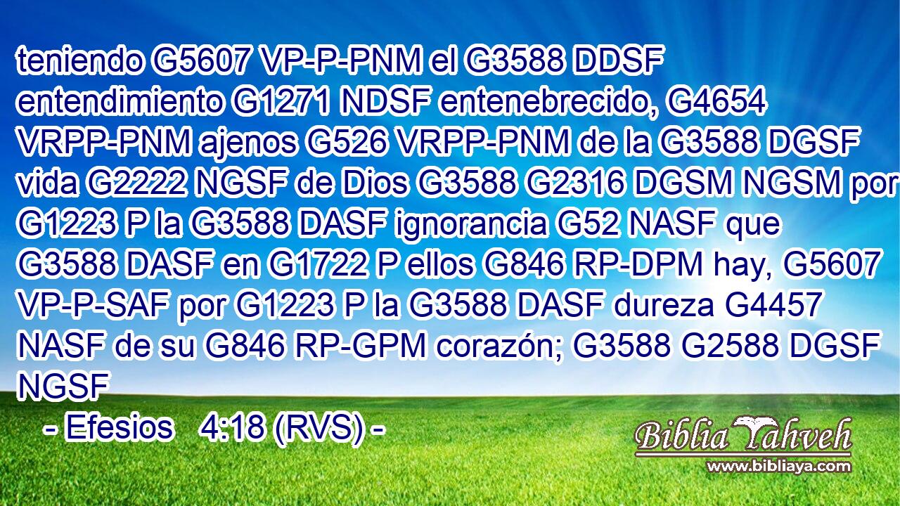 teniendo G5607 VP-P-PNM el G3588 DDSF entendimiento G1271 NDSF entenebrecido, G4654 VRPP-PNM ajenos G526 VRPP-PNM de la G3588 DGSF vida G2222 NGSF de Dios G3588 G2316 DGSM NGSM por G1223 P la G3588 DASF ignorancia G52 NASF que G3588 DASF en G1722 P ellos G846 RP-DPM hay, G5607 VP-P-SAF por G1223 P la G3588 DASF dureza G4457 NASF de su G846 RP-GPM corazón; G3588 G2588 DGSF NGSF 