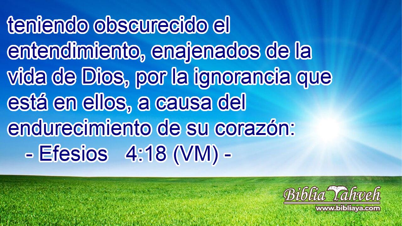  teniendo obscurecido el entendimiento, enajenados de la vida de Dios, por la ignorancia que está en ellos, a causa del endurecimiento de su corazón: 