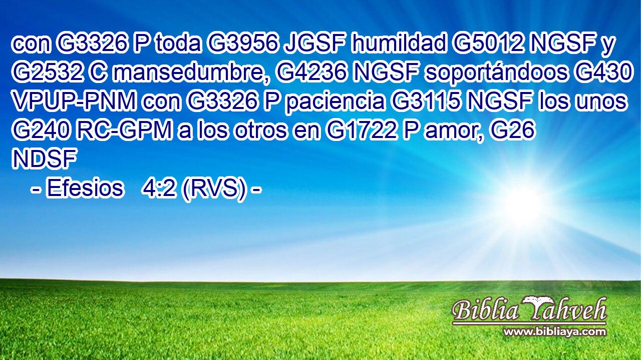 con G3326 P toda G3956 JGSF humildad G5012 NGSF y G2532 C mansedumbre, G4236 NGSF soportándoos G430 VPUP-PNM con G3326 P paciencia G3115 NGSF los unos G240 RC-GPM a los otros en G1722 P amor, G26 NDSF 