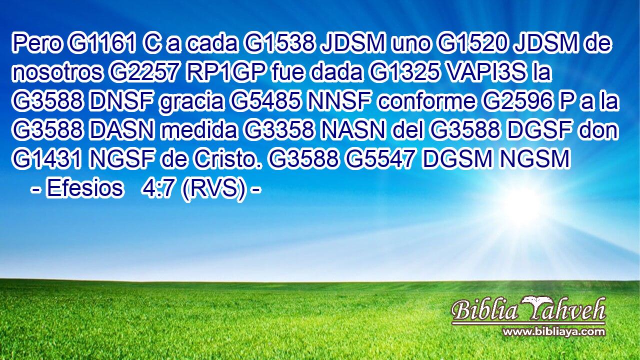Pero G1161 C a cada G1538 JDSM uno G1520 JDSM de nosotros G2257 RP1GP fue dada G1325 VAPI3S la G3588 DNSF gracia G5485 NNSF conforme G2596 P a la G3588 DASN medida G3358 NASN del G3588 DGSF don G1431 NGSF de Cristo. G3588 G5547 DGSM NGSM 