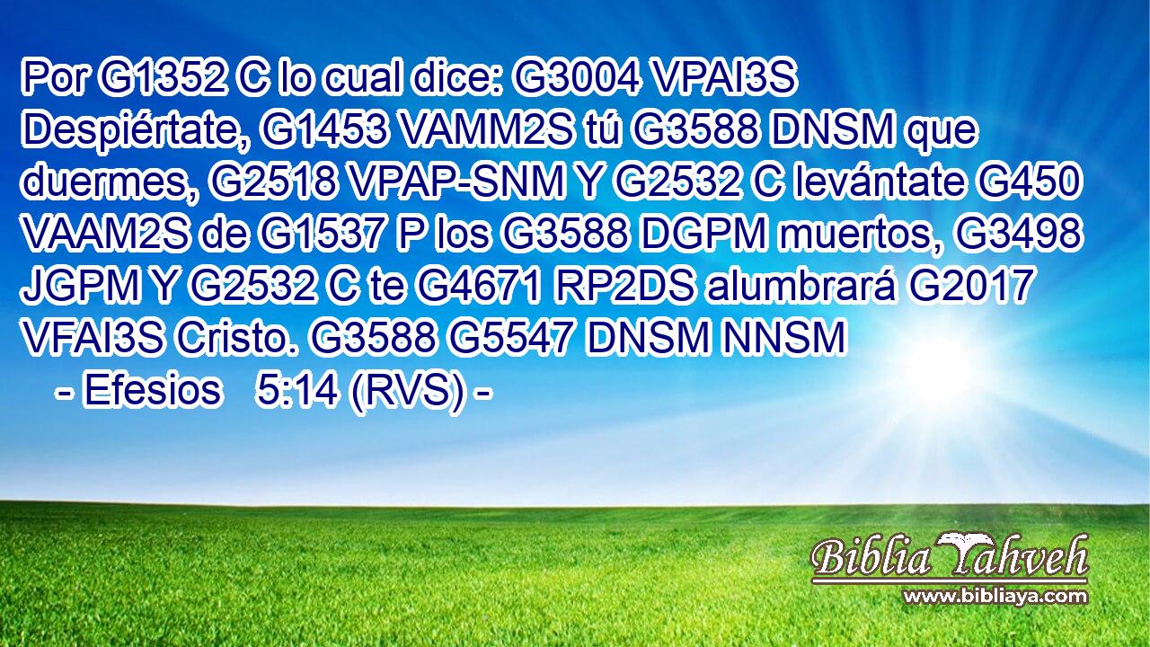 Por G1352 C lo cual dice: G3004 VPAI3S Despiértate, G1453 VAMM2S tú G3588 DNSM que duermes, G2518 VPAP-SNM Y G2532 C levántate G450 VAAM2S de G1537 P los G3588 DGPM muertos, G3498 JGPM Y G2532 C te G4671 RP2DS alumbrará G2017 VFAI3S Cristo. G3588 G5547 DNSM NNSM 