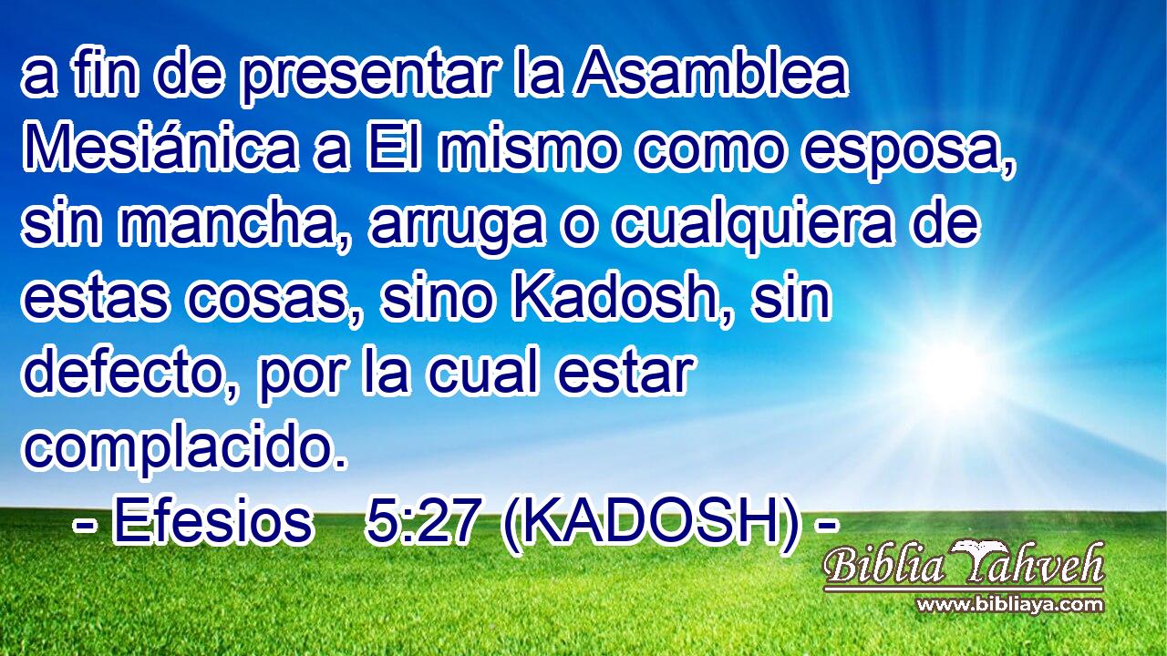  a fin de presentar la Asamblea Mesiánica a El mismo como esposa, sin mancha, arruga o cualquiera de estas cosas, sino Kadosh, sin defecto, por la cual estar complacido. 