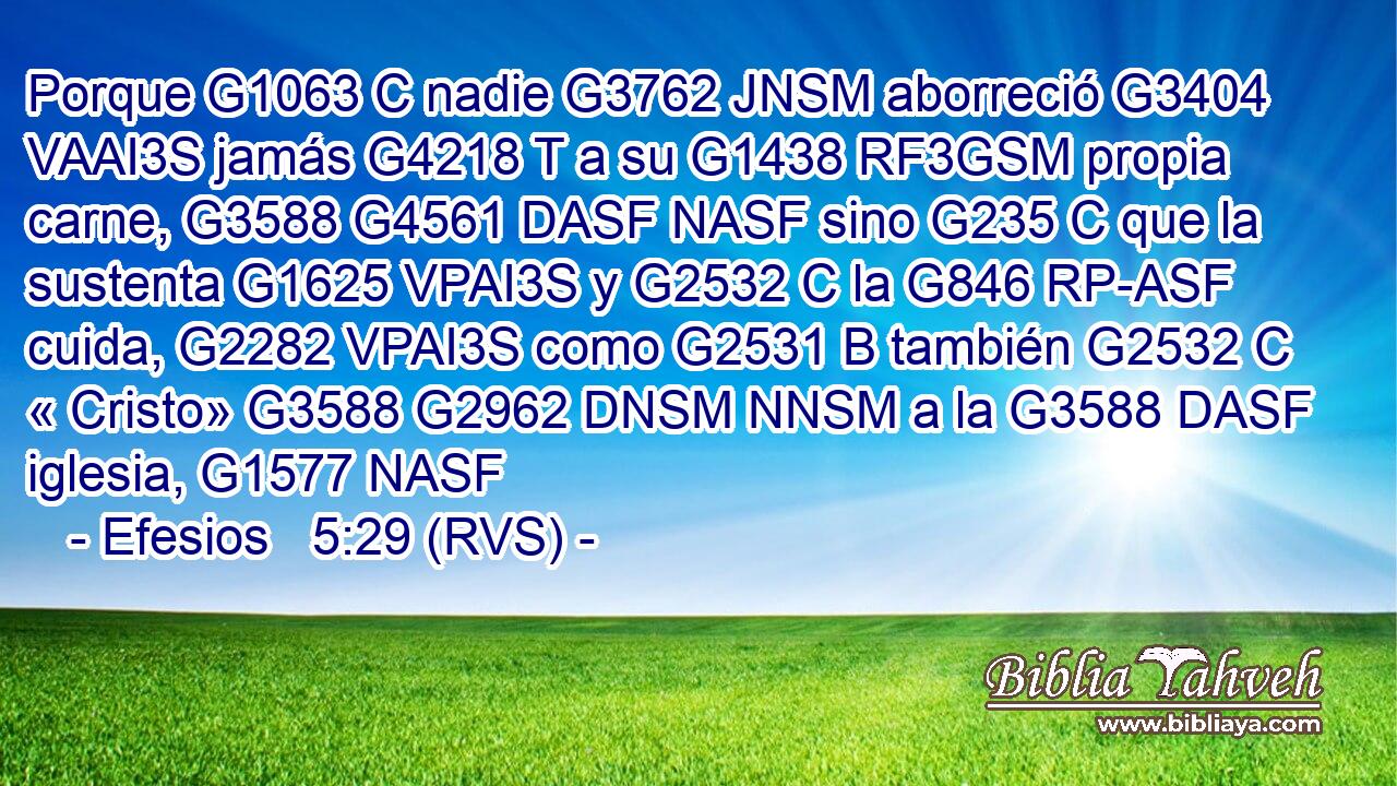 Porque G1063 C nadie G3762 JNSM aborreció G3404 VAAI3S jamás G4218 T a su G1438 RF3GSM propia carne, G3588 G4561 DASF NASF sino G235 C que la sustenta G1625 VPAI3S y G2532 C la G846 RP-ASF cuida, G2282 VPAI3S como G2531 B también G2532 C « Cristo» G3588 G2962 DNSM NNSM a la G3588 DASF iglesia, G1577 NASF 