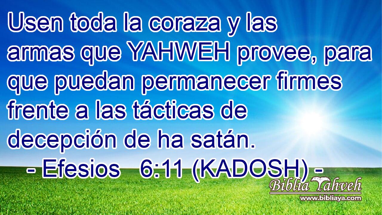  Usen toda la coraza y las armas que YAHWEH provee, para que puedan permanecer firmes frente a las tácticas de decepción de ha satán. 