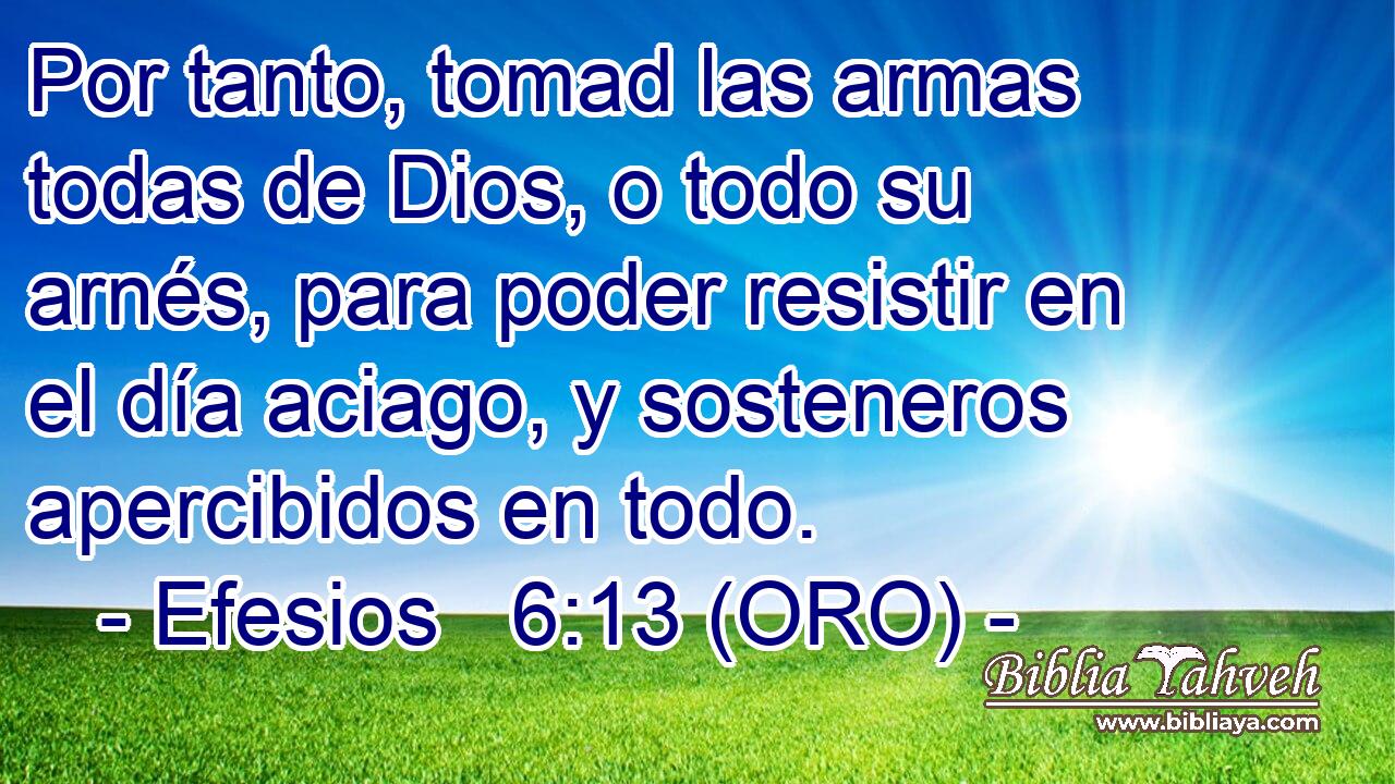  Por tanto, tomad las armas todas de Dios, o todo su arnés, para poder resistir en el día aciago, y sosteneros apercibidos en todo. 