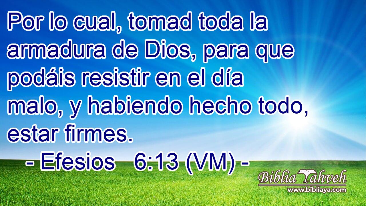  Por lo cual, tomad toda la armadura de Dios, para que podáis resistir en el día malo, y habiendo hecho todo, estar firmes. 